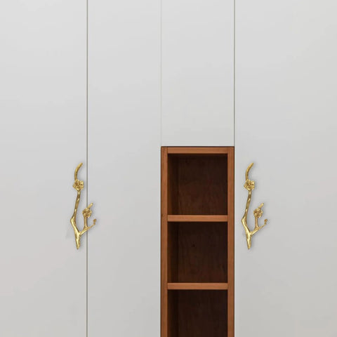 Brass Flower Branch Cabinet Handle 5.91 Inch Blossom Drawer Pull Knob installed on white cupboard doors