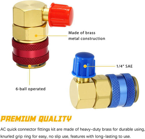 Quick Coupler For One Quarter Inch SAE Flare Fittings, Brass Freon R134A Adapter Kit, showing red and blue connectors