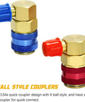 Quick Coupler For One Quarter Inch SAE Flare Fittings, Brass Freon R134A Adapter Kit shown in blue and red with 6 ball style