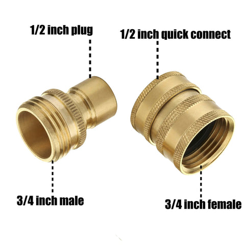 2-Pack Solid Brass Garden Hose Quick Connect Fittings, 3/4 Inch GHT shown with male and female ends for leak-free connections.