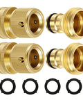 Solid Brass Garden Hose Quick Connect Fittings Three Quarter Inch GHT With No Leak Design Universal Fit Includes Two Male And Two Female Connectors Plus Four Washers For Quick Leak Free Watering And Instant Connection. Close-up of brass connectors and washers.