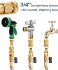 Heavy Duty Solid Brass Garden Hose Quick Connect Set With 3/4 Inch GHT Leak Proof Connectors attached to faucets and hose sprayer.