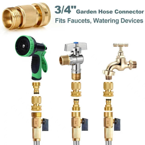 Heavy Duty Solid Brass Garden Hose Quick Connect Set With 3/4 Inch GHT Leak Proof Connectors attached to faucets and hose sprayer.