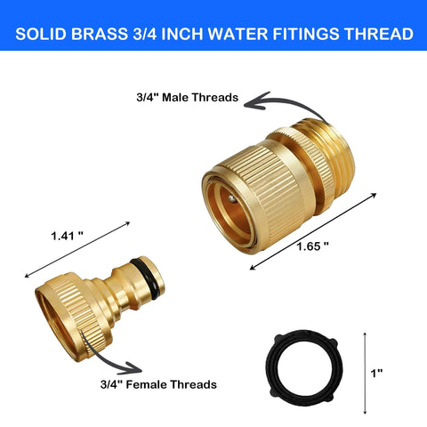 Solid Brass Garden Hose Quick Connect Set Three Quarter Inch GHT Thread No Leak Male And Female Connectors with dimensions