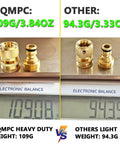 Comparison of Garden Hose Quick Connect Fittings Set 3/4 Inch GHT Solid Brass Connectors weighing 109g and 94.3g on scales