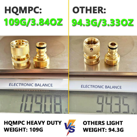 Comparison of Garden Hose Quick Connect Fittings Set 3/4 Inch GHT Solid Brass Connectors weighing 109g and 94.3g on scales