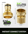 Solid Brass Garden Hose Quick Connect Fittings Three Quarter Inch GHT With No Leak Design Universal Fit showing male and female connectors with measurements