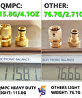 Comparison of HQMPC heavy duty brass connectors with other lighter connectors on electronic scales, displaying weights.