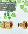 Solid Brass Garden Hose Quick Connectors Set Three Quarter Inch Thread Easy Connect No Leak Universal Fit For Hoses Faucets Pressure Washers And Watering Devices Six Piece Set showing two brass connectors against a leafy background.