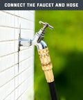 Solid Brass Garden Hose Quick Connect Set Three Quarter Inch GHT No Leak Fittings attached to outdoor faucet
