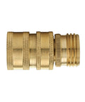 Side view of 2-Pack Solid Brass Garden Hose Quick Connect Fittings, 3/4 Inch GHT, Leak-Free Quick Connector Set, heavy-duty build.