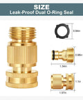 Heavy Duty Solid Brass Garden Hose Quick Connect Set With 3/4 Inch GHT Leak Proof Connectors, shown in detailed size view