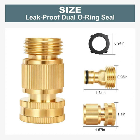 Heavy Duty Solid Brass Garden Hose Quick Connect Set With 3/4 Inch GHT Leak Proof Connectors, shown in detailed size view