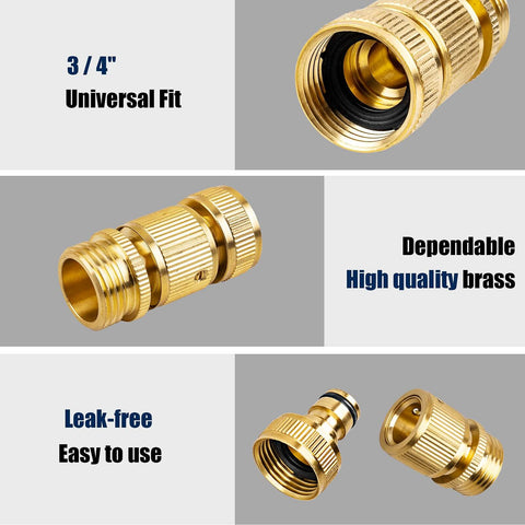 Durable Brass Garden Hose Quick Connect Fittings 3/4 GHT Quick Coupler For Pressure Washers Sprinklers And Watering Systems No Fuss Heavy Duty Leak Free Design 2 Pack showing 3/4 inch brass connectors and leak-free feature.