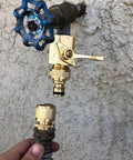 All Brass Garden Hose Quick Connect Fittings Three Quarter Inch GHT Easy Connect Male Only Eight Pack Durable Leak Free Hose Connector Set for Quick Switches and No Fuss Watering installed on outdoor spigot