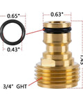 All Brass Garden Hose Quick Connect Fittings Three Quarter Inch GHT Easy Connect Male Only Eight Pack Durable Leak Free Hose Connector Set for Quick Switches and No Fuss Watering showing detailed dimensions.