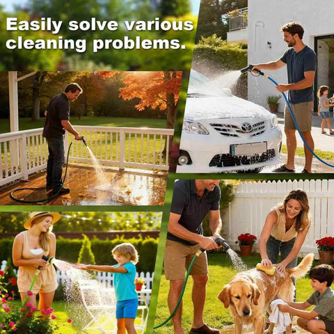 People using Heavy Duty Solid Brass Garden Hose Quick Connect Set With 3/4 Inch GHT Leak Proof Connectors for various cleaning tasks