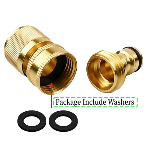 Heavy Duty Brass Garden Hose Quick Connect Fittings 3/4 Inch GHT Rust Resistant Quick Connect Hose Couplings in package with washers