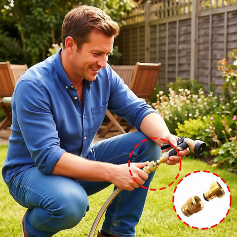 Man connecting garden hose using Heavy Duty Brass Garden Hose Quick Connect Fittings 3/4 Inch GHT Rust Resistant Couplings