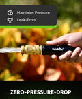 Hand holding garden hose with Solid Brass Garden Hose Quick Connect Fittings Three Quarter Inch GHT With No Leak Design.