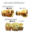 Heavy Duty Brass Garden Hose Quick Connect Fittings 3/4 Inch GHT Rust Resistant Quick Connect Hose Couplings Durable Water Hose Connectors Includes Two Complete Sets shown in connect and disconnect positions.