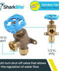 Brass Push To Connect Garden Valve 1/2 Inch By 3/4 Inch MHT, multi turn shutoff with angled handle, mounting tabs, side view.