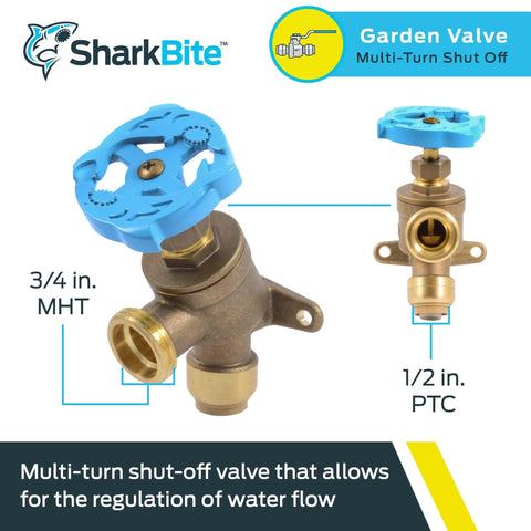 Brass Push To Connect Garden Valve 1/2 Inch By 3/4 Inch MHT, multi turn shutoff with angled handle, mounting tabs, side view.