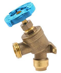 Brass Push To Connect Garden Valve 1/2 Inch By 3/4 Inch MHT, Multi Turn Shutoff with angled handle, mounting tabs, side view