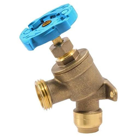 Brass Push To Connect Garden Valve 1/2 Inch By 3/4 Inch MHT, Multi Turn Shutoff with angled handle, mounting tabs, side view