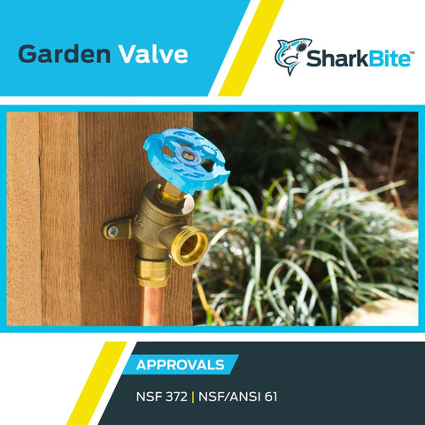 Brass Push To Connect Garden Valve 1/2 Inch By 3/4 Inch MHT mounted on wood with angled handle and 3/4 inch garden hose outlet.
