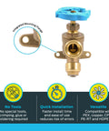 Brass Push To Connect Garden Valve 1/2 Inch By 3/4 Inch MHT with blue handle, mounting tabs, compatible with PEX and copper fittings.