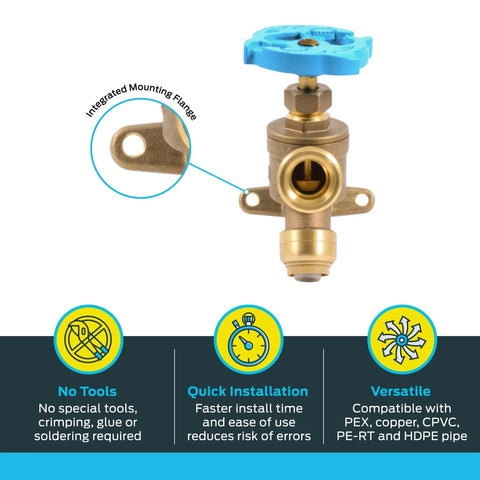 Brass Push To Connect Garden Valve 1/2 Inch By 3/4 Inch MHT with blue handle, mounting tabs, compatible with PEX and copper fittings.