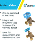 Brass Push To Connect Garden Valve 1/2 Inch By 3/4 Inch MHT, multi turn shutoff with angled handle, shown with mounting tabs