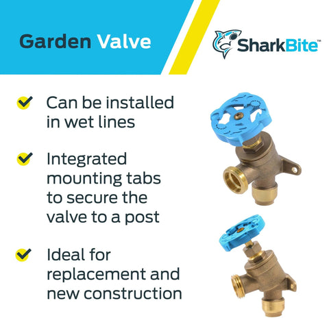 Brass Push To Connect Garden Valve 1/2 Inch By 3/4 Inch MHT, multi turn shutoff with angled handle, shown with mounting tabs