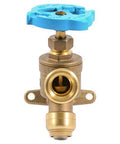 Brass Push To Connect Garden Valve 1/2 Inch By 3/4 Inch MHT with angled handle and mounting tabs, front view.