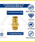 Quick Connect Brass Gas Fitting For Propane And Natural Gas, One Half Inch Male NPT To One Half Inch Male NPT Quick Disconnect