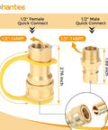 One Half Inch Brass Gas Quick Connect Kit With Male Insert Plug, Natural Gas And Propane Quick Connect Adapter For Easy Hose Hookup, Secure Disconnect With Three Quarter Inch ID Outlet And Standard One Half Inch NPT Threads, showing both male and female connectors