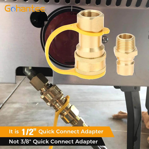 One Half Inch Brass Gas Quick Connect Kit With Male Insert Plug, installed on appliance for natural gas or propane hookup