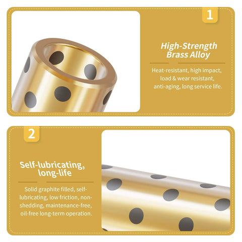 Two Pack Brass Graphite Wrapped Oilless Bushings with Self Lubricating Graphite Bearing for Rotating Machinery and Transmission Equipment Plain Bearing for 8mm Shaft 15mm Outer Diameter 24mm Length, showing high-strength brass alloy with graphite inserts.