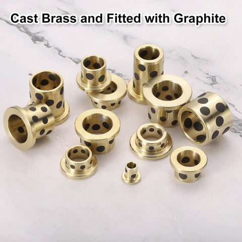 Set of brass graphite sleeve bearings with graphite pockets; oil-free, gold-colored cast brass, assorted bore sizes