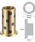 Diagram and image of Flanged Sleeve Bearing 16mm Bore 20mm OD 40mm Length 26mm Flange Diameter 3mm Flange Thickness Brass With Graphite Self Lubricating Oilless Bushing.