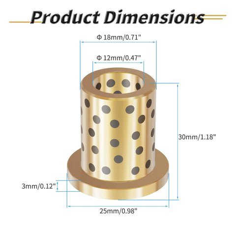 2 Pieces Flanged Sleeve Bearings Brass Graphite Wrapped Oilless Self Lubricating Bushings with dimensions labeled