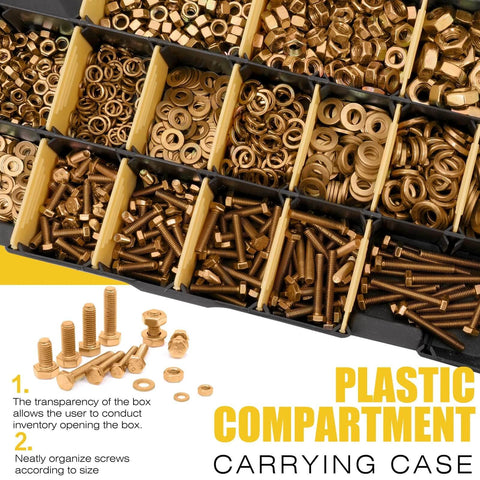 1380pcs Nuts and Bolts Assortment Kit in plastic compartment case, showcasing various sizes of yellow zinc plated screws, nuts, and washers.
