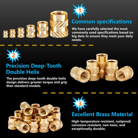 All-In-One Heat Set Brass Threaded Inserts Kit For 3D Printing And Plastic Projects Includes M2 M2.5 M3 M4 M5 Knurled Nuts 320 Plus 6-Piece Premium Brass Inserts With Extended Tip Heat Set Tool For DIY Makers And Pros showcasing brass inserts in various sizes with specifications for torque and durability.