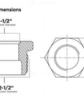 Technical drawing of a 2-1/2 X 1-1/2-Inch Brass Hex Bushing, No Lead for CNC axis motion, showcasing dimensions and structure.