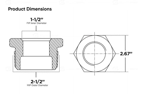 Technical drawing of a 2-1/2 X 1-1/2-Inch Brass Hex Bushing, No Lead for CNC axis motion, showcasing dimensions and structure.