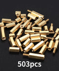 503 Piece M2.5 Brass Hex Spacer Standoff Kit With Male And Female Nuts For Electronics DIY Projects And PCBs on black background