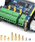 503 Piece M2.5 Brass Hex Spacer Standoff Kit With Male And Female Nuts, shown with electronics, green connectors, and PCB.