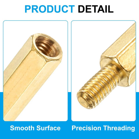 Close-up of 10 Pcs Brass Hex Spacer Screws M2.5 X 25mm And 6mm Brass Hex Standoffs showing threading and smooth surface