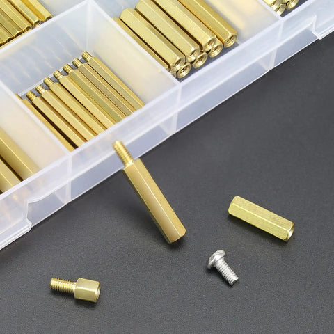 Brass M2 M2.5 M3 Spacers And Standoffs Kit With Screws Nuts And Tweezers 420 Pieces Pro Grade Gear in clear case